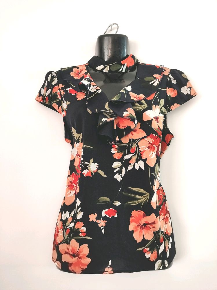 Shein Floral Printed Black Top