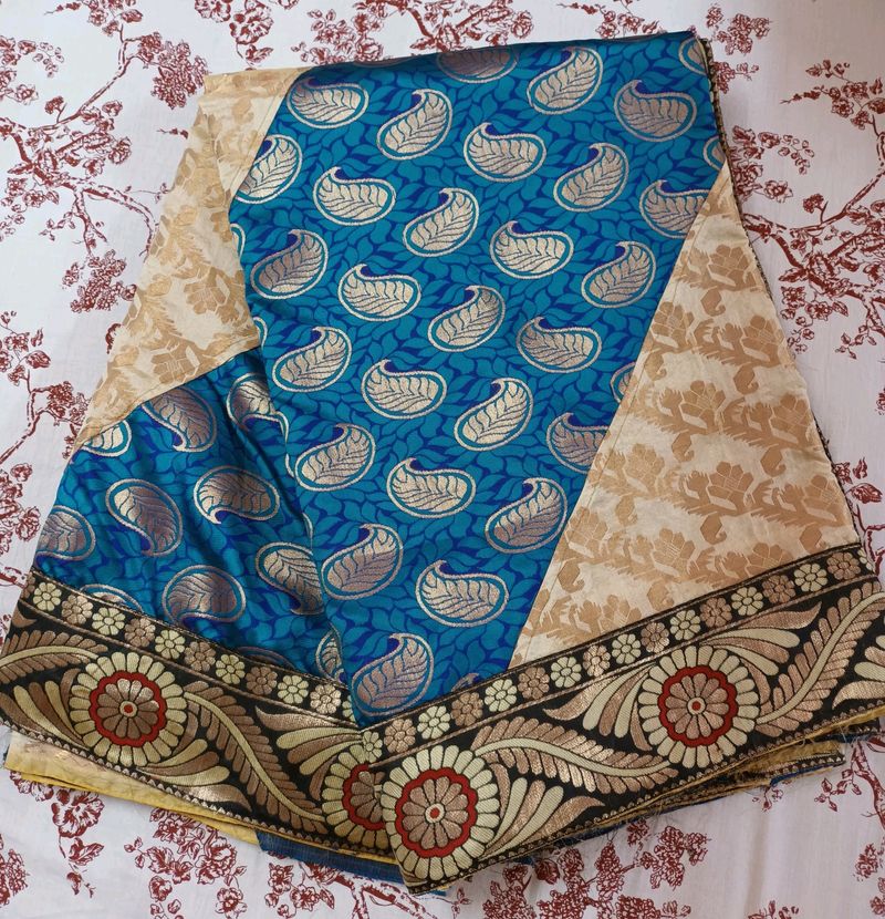 Beige And Blue Designer Saree With Blouse