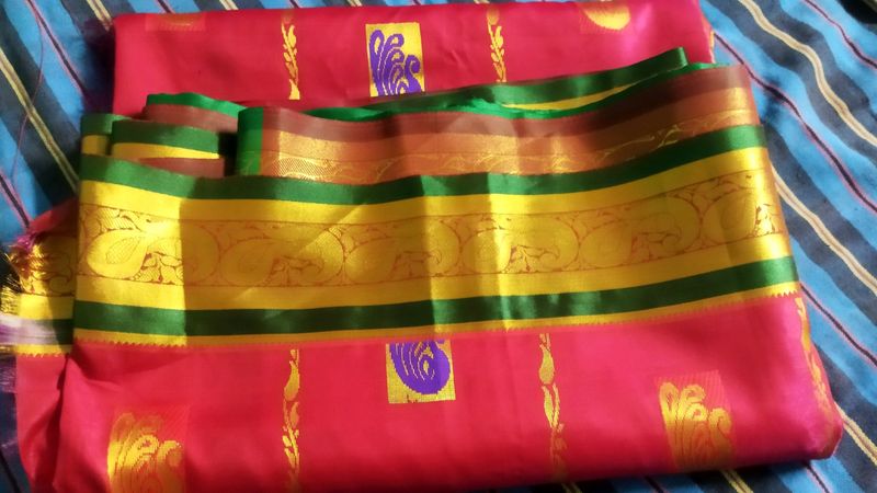 Pro Red Saree Green Border With Golden Design