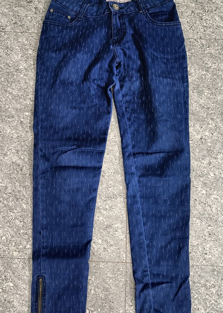 Printed Blue Jeans With Zipper On Bottom