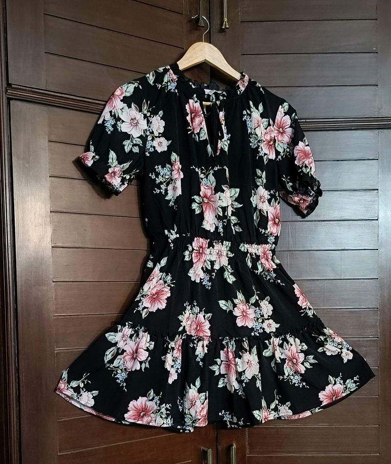 Inspired Hearts Black Floral Front Tie-up Dress