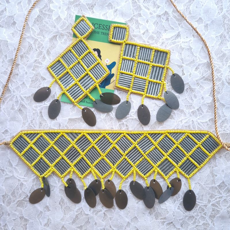 129. Grey N Yellow Beaded Necklace Set