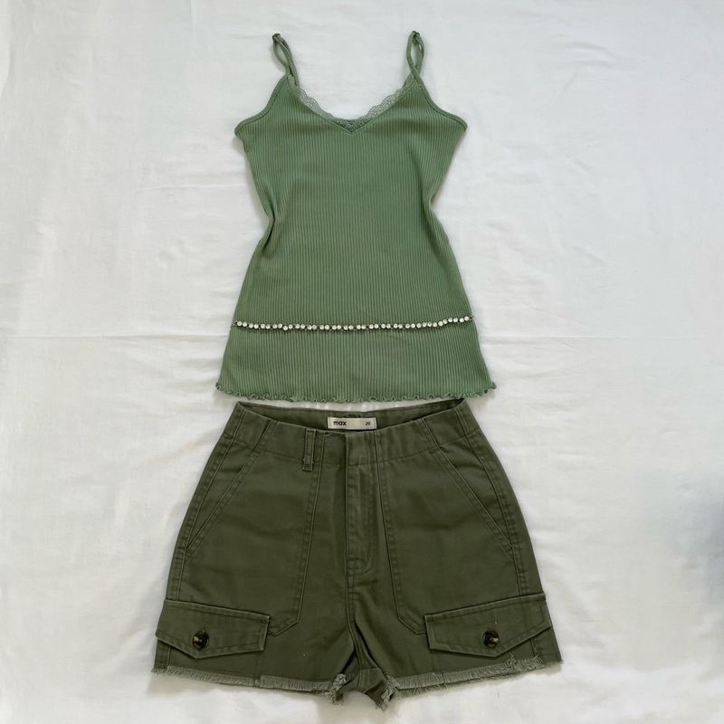 Y2K Sage Green Lace Trim Fitted Rib Tank top