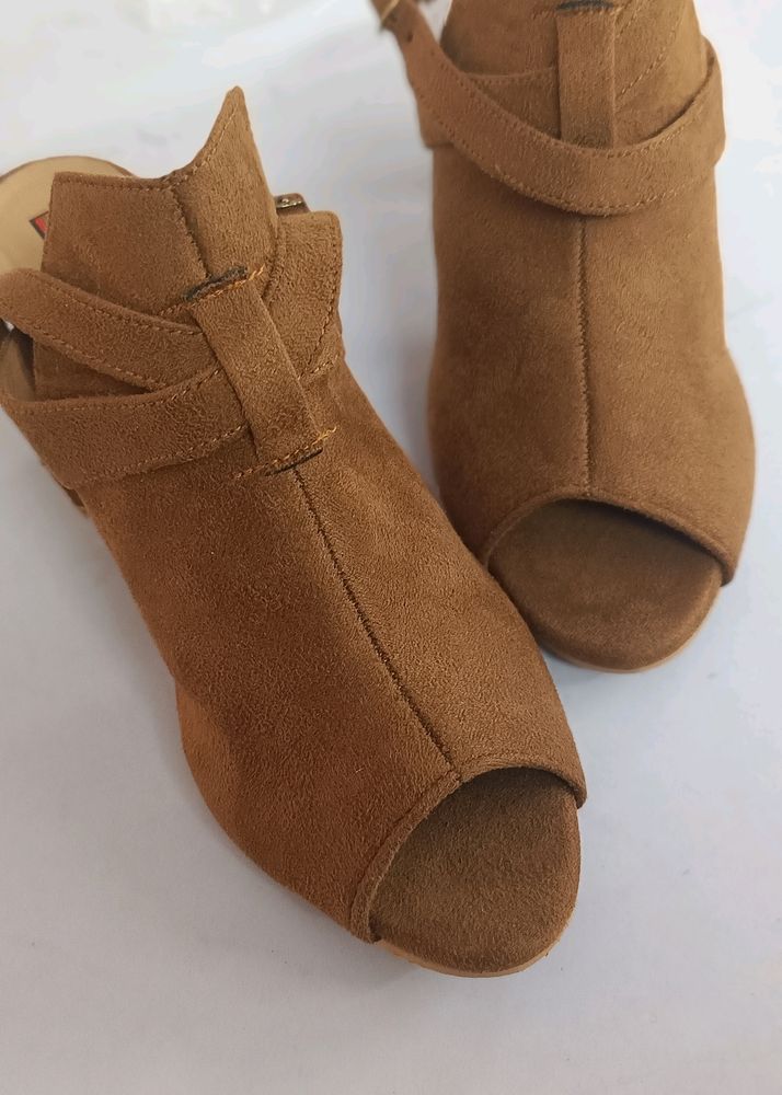 Tan Color Block Heel Open Toe Boots