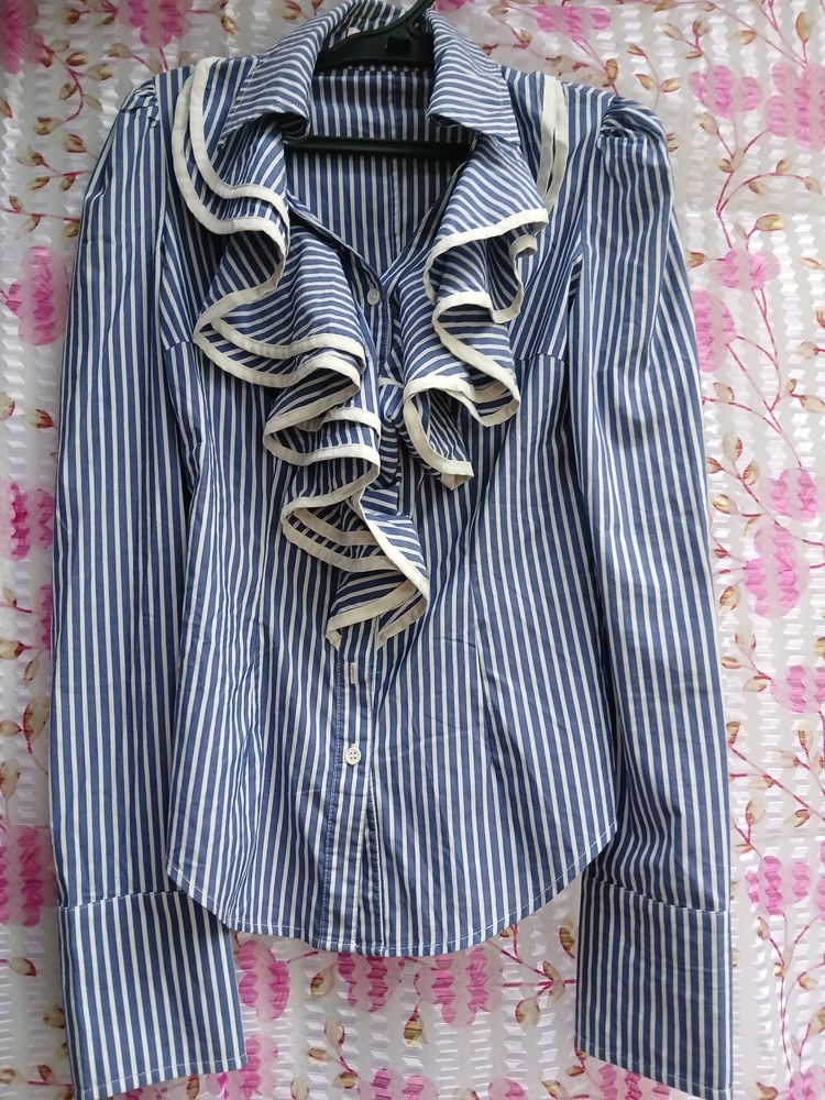 Clasi Blue Vertical Stripes Layers Ruffle To