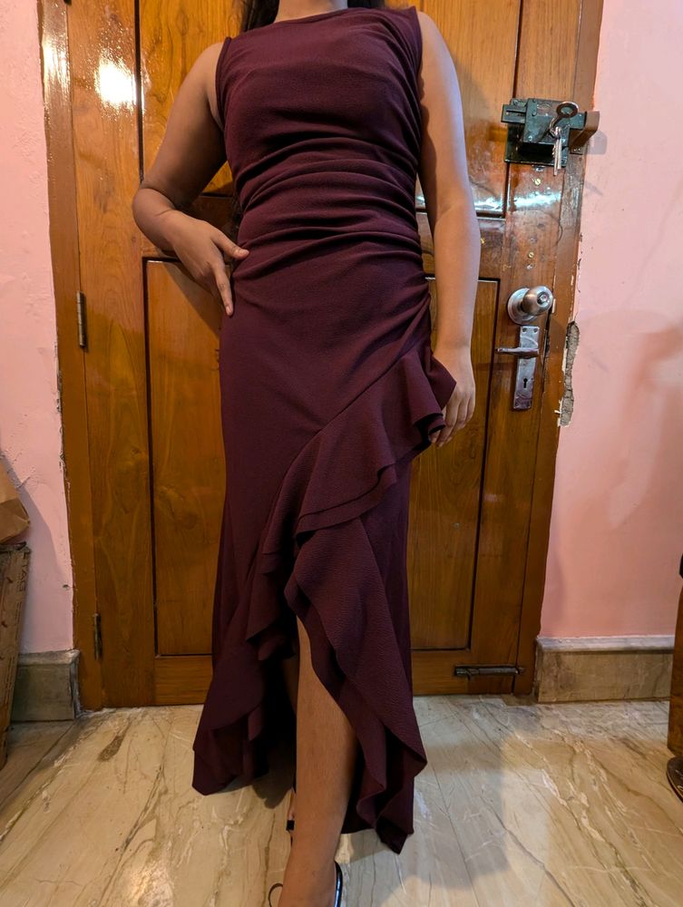 Burgundy Cotton Maxi Dress , With One Leg Split