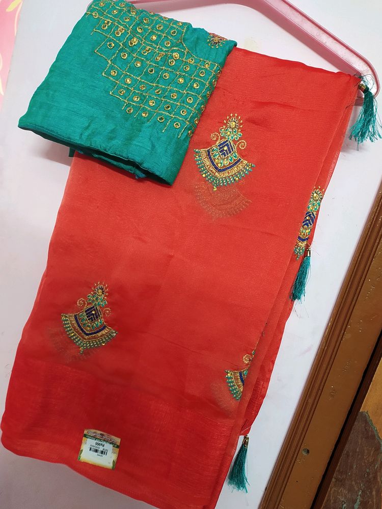 New Saree With Work Blose Piece + Lining Free