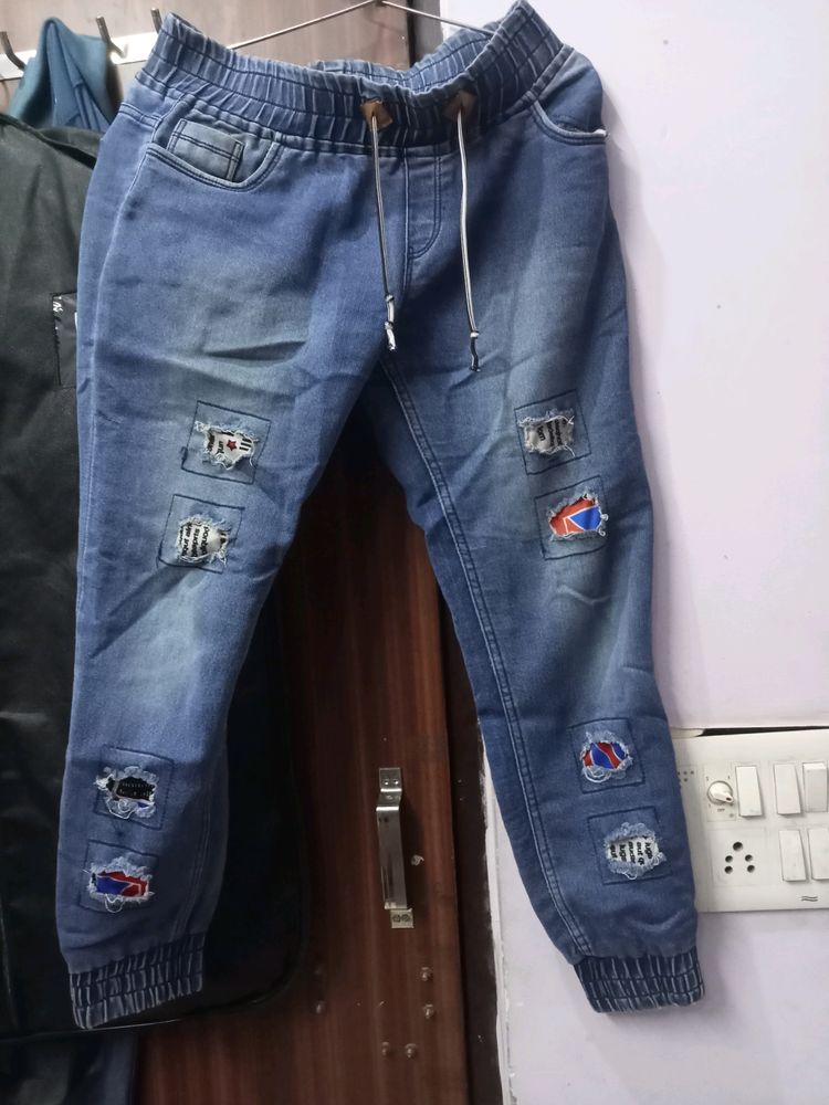 Blue Denim Loffer, Jogger with Cut Patches