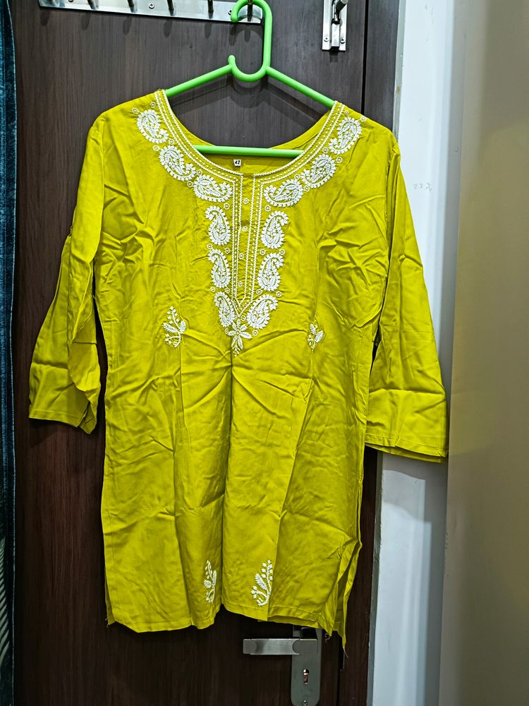 Chickenkari Work Lime Green Short Kurti XL Size