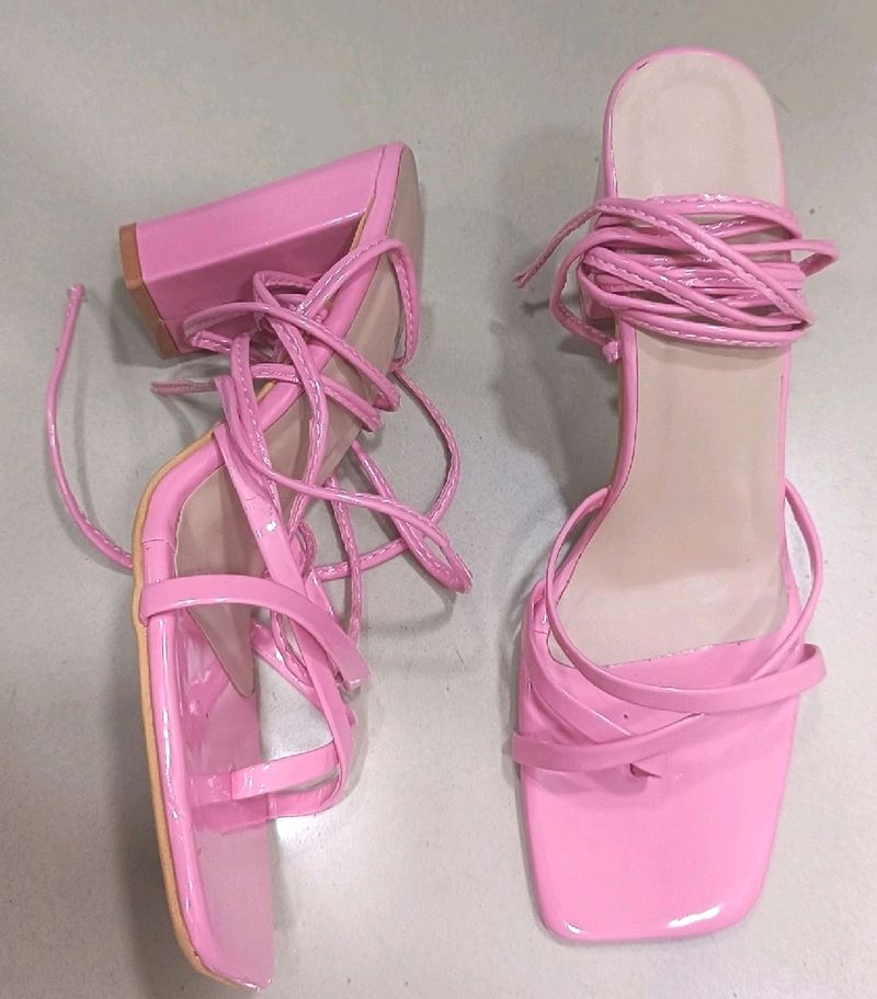 Pink Laceup Heels Sandals