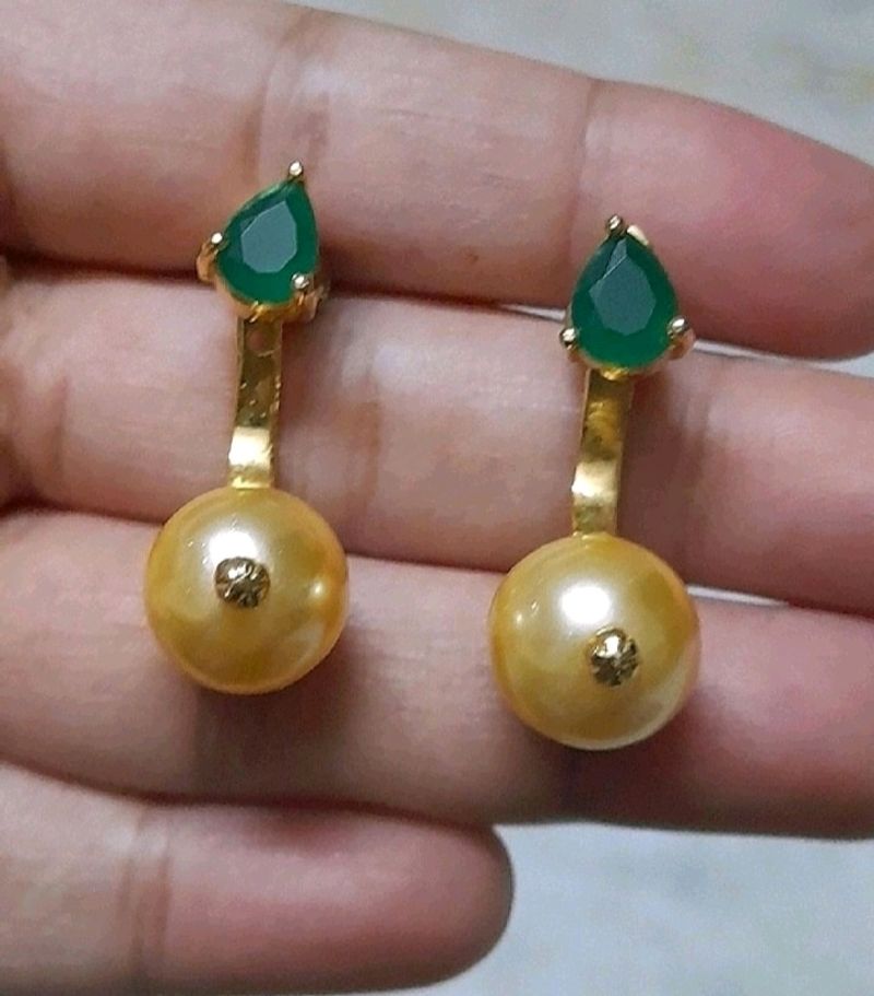 Golden Pearl and Green Stone Screw Back Earrings