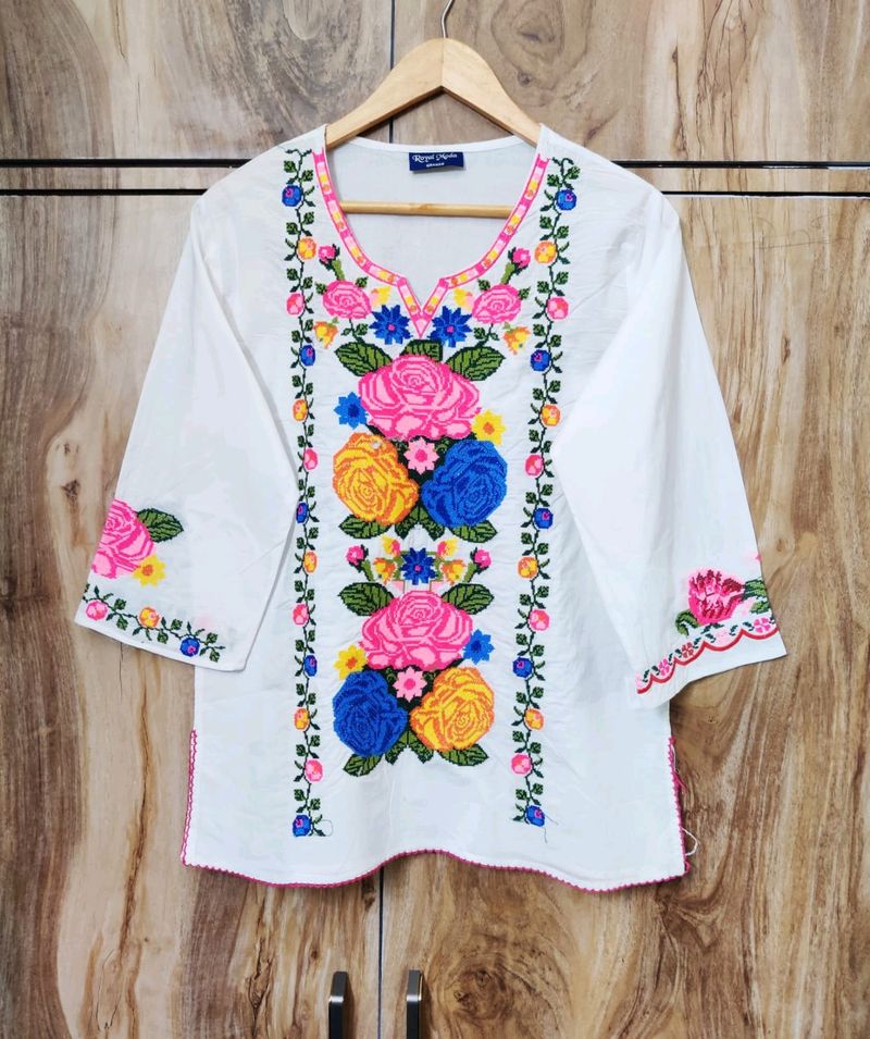 White Embroidery Work Top Size-40