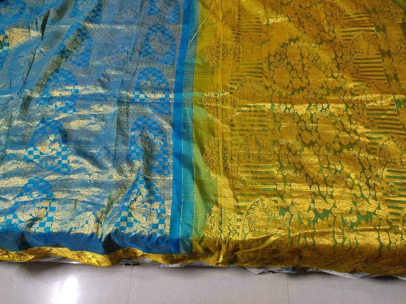 Blue And Green Pure Kanchipuram Silk Saree