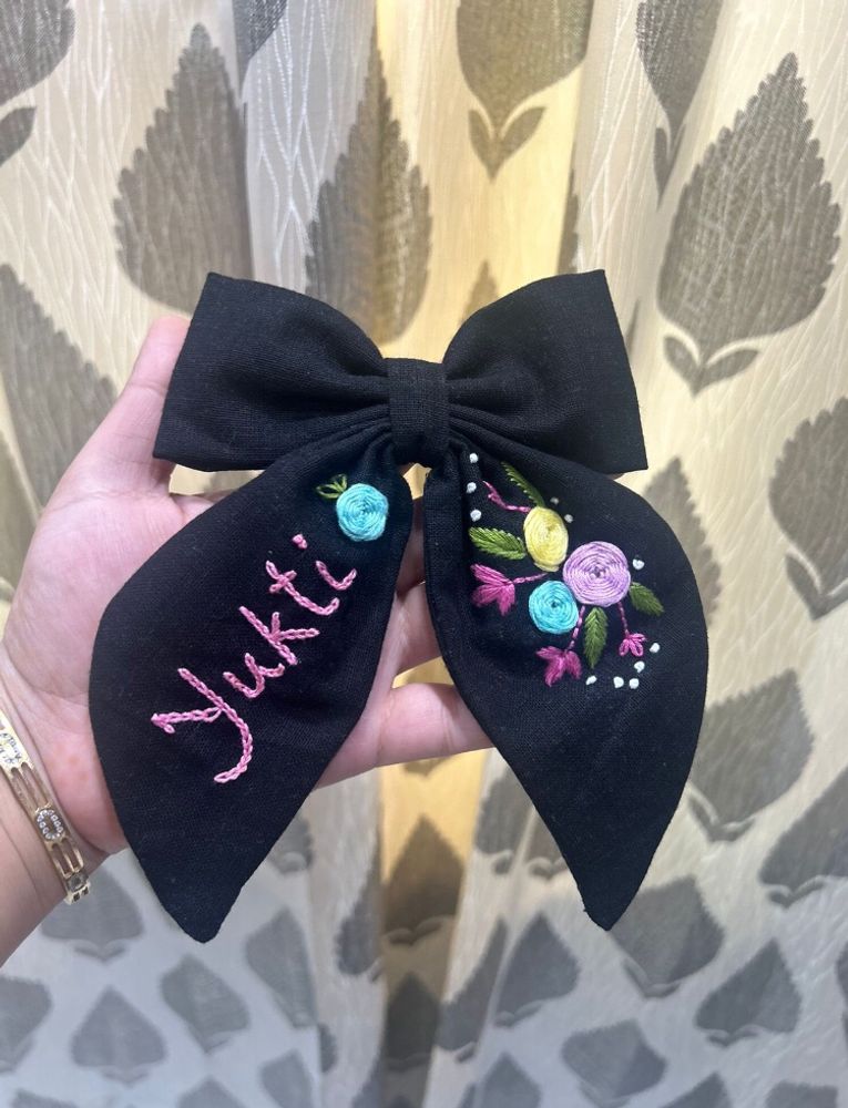 Pretty Hair Black Bow With Embroidery