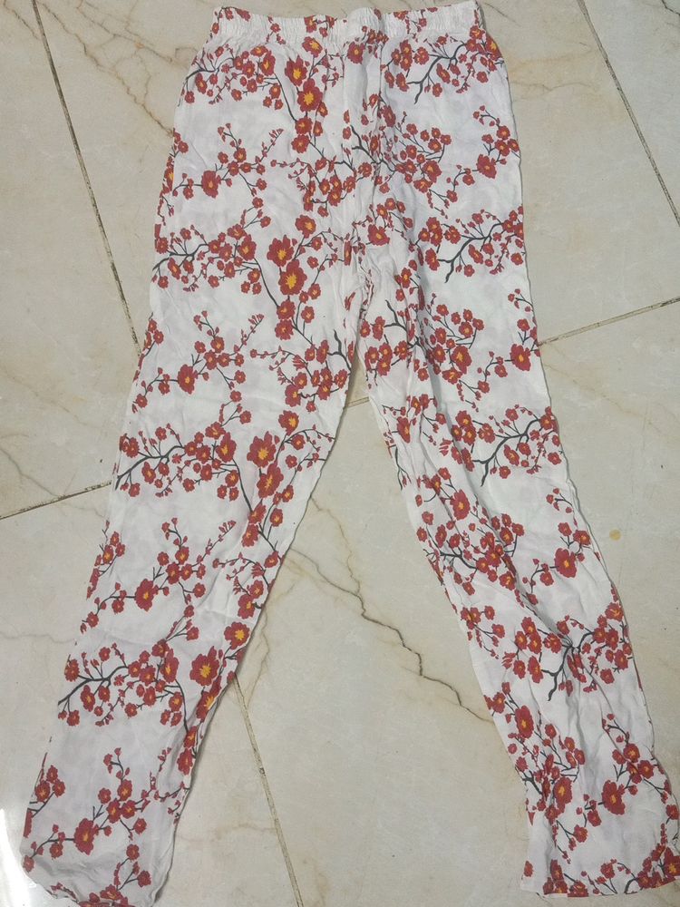 White And Pink Flower Cotton Pant New