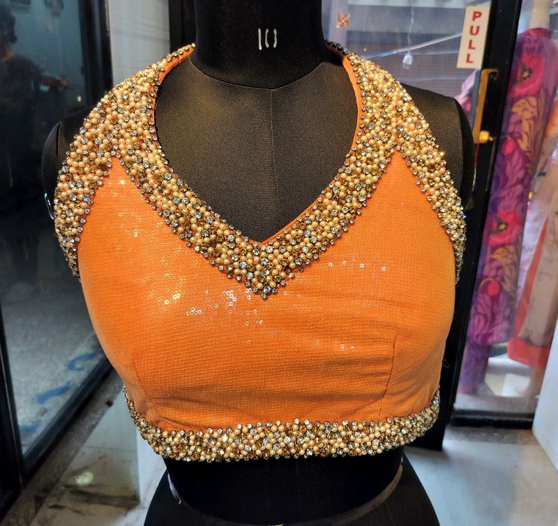 Orange Designer Stone Embroidery Blouse