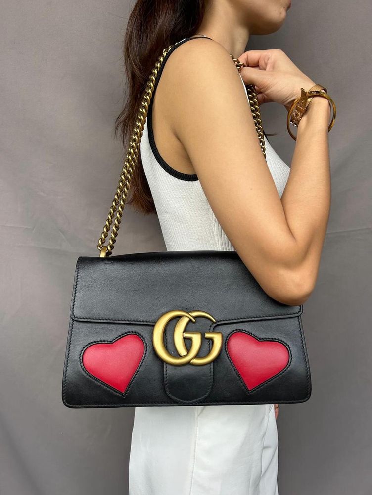 Auth Gucci GG Marmont Heart  Leather Shoulder Bag