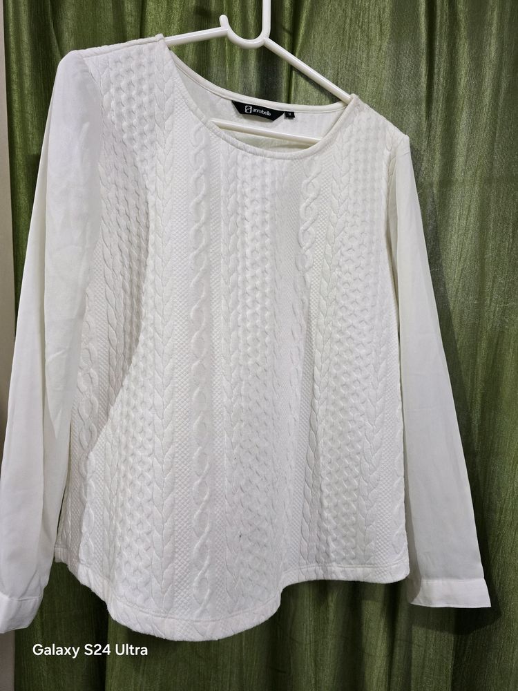 White Colored Woolen Top With Chiffon Sleeve