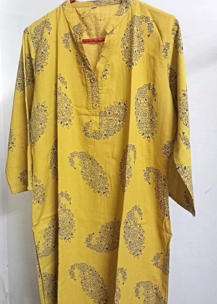 Mustard And Blue Printed Cotton Kurta