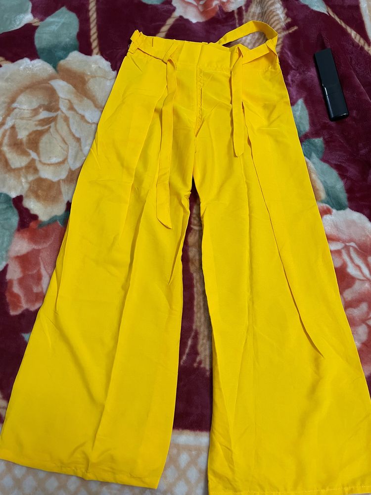 Yellow Pant Plazzo With Adjustable Belt