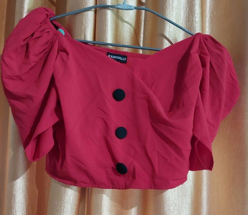 Red V-Neck Puff Sleeves Wrap Crop Top