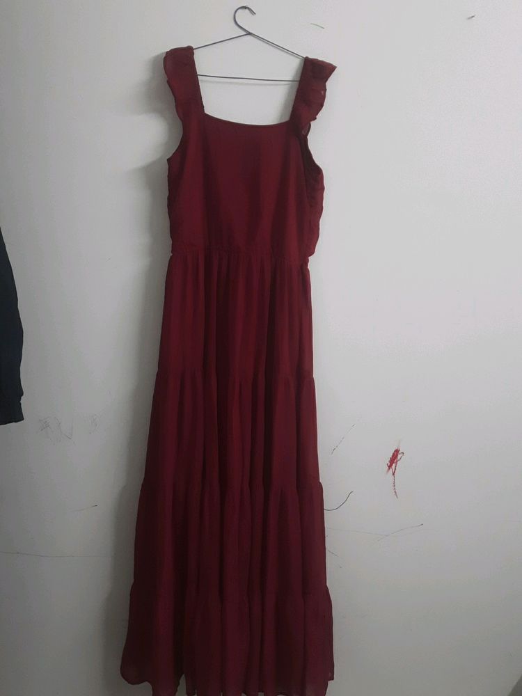 SASSAFRAS Brand Red Color Flared Maxi Dress