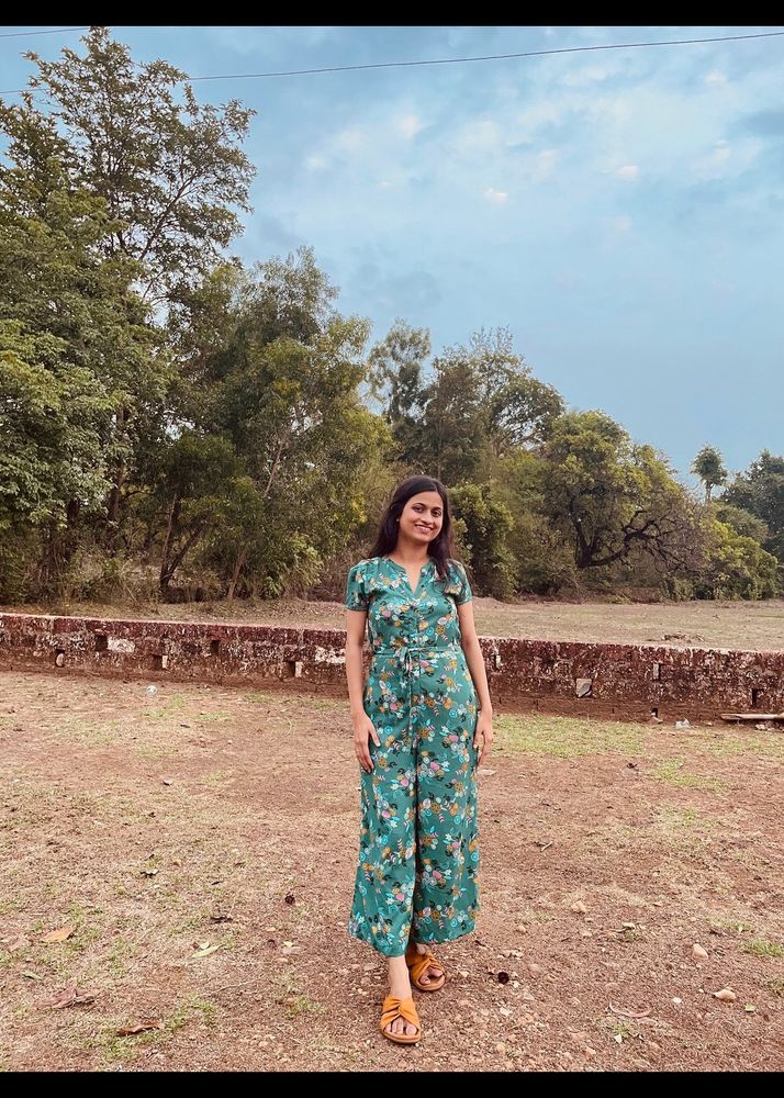 Green and Pink Printed Jumpsuit With Belt