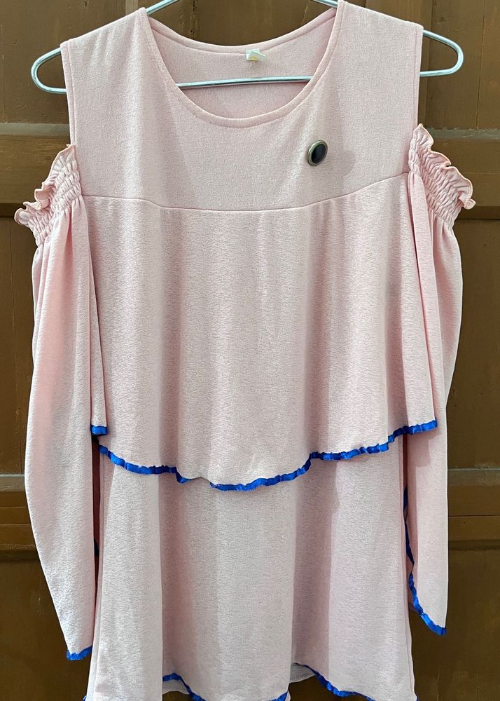 Women's Pink Tiered Cold Shoulder Top