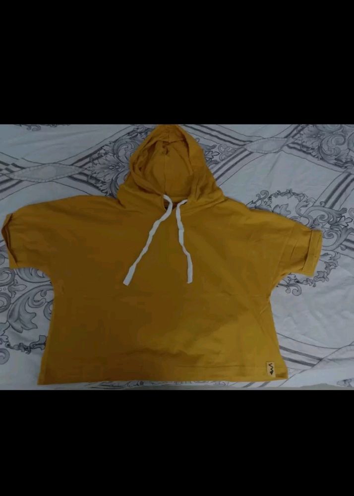 Yellow Solid Knitted Regular Crop Top Has A Hood