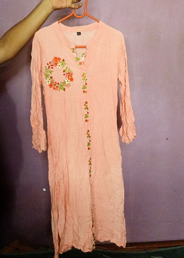 hand worked peach flared sleeves kurti for women