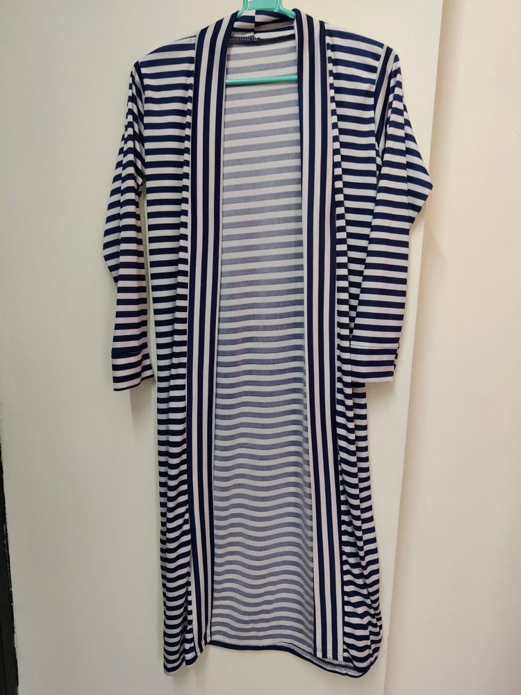 White And Dark Blue Striped Long Shrug (Women)