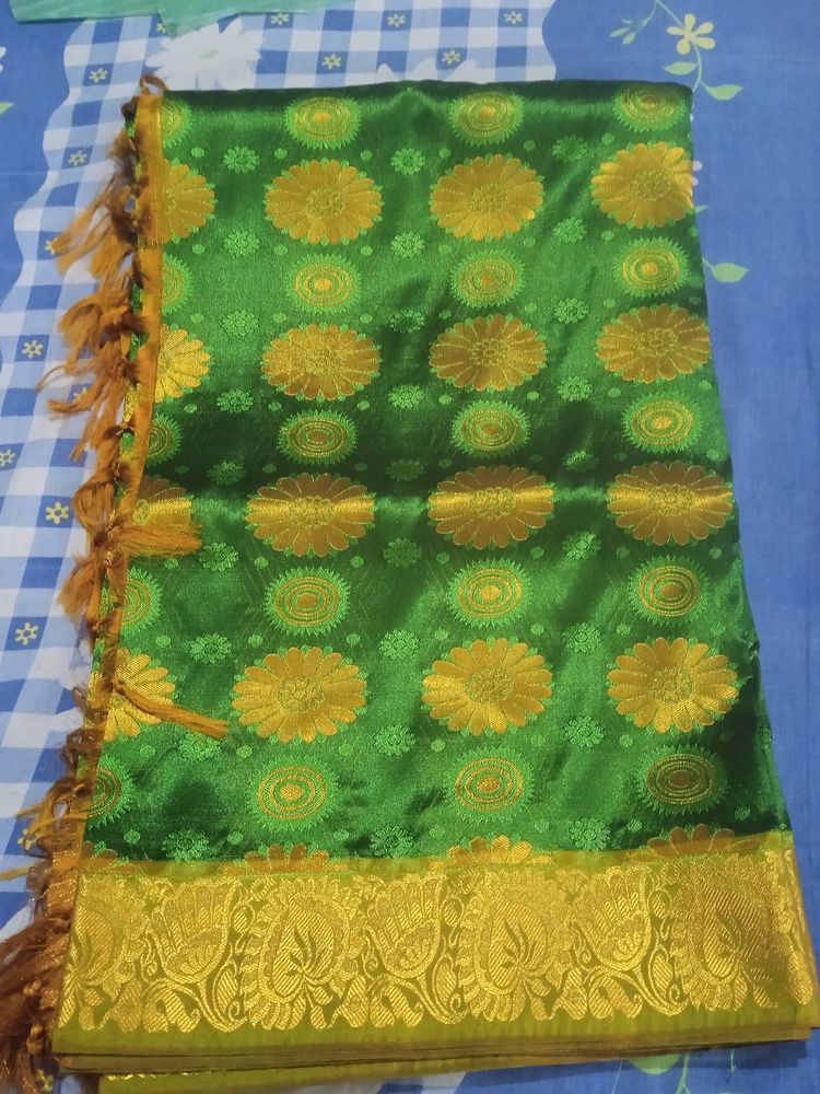 Traditional Green Kanjeepuram Pattu Saree, Only One Time Used