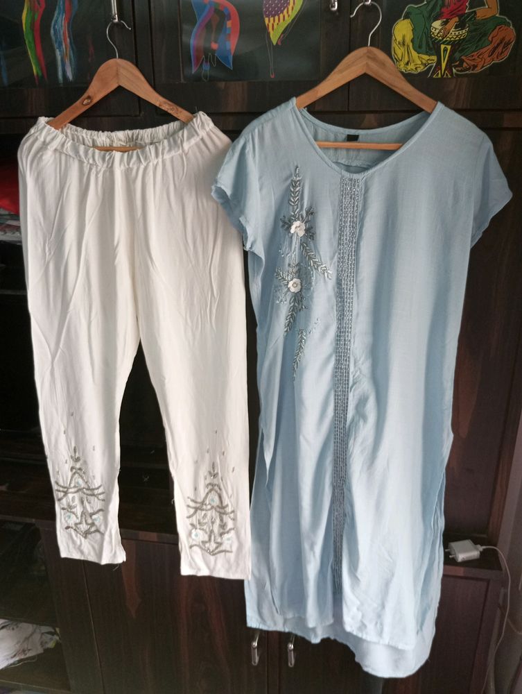 Light Blue Kurta And White Palazzo