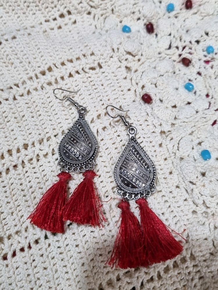 Oxidised Hanging Earings With Red Tassels