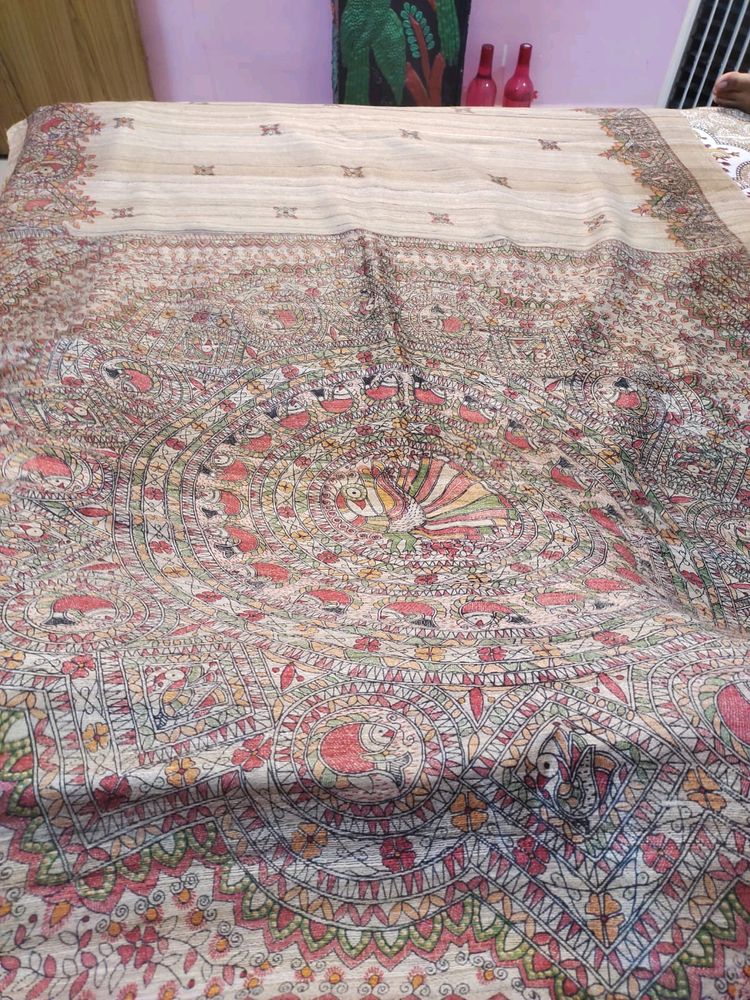 Gheecha Tussar Hand Painted Madhubani Saree