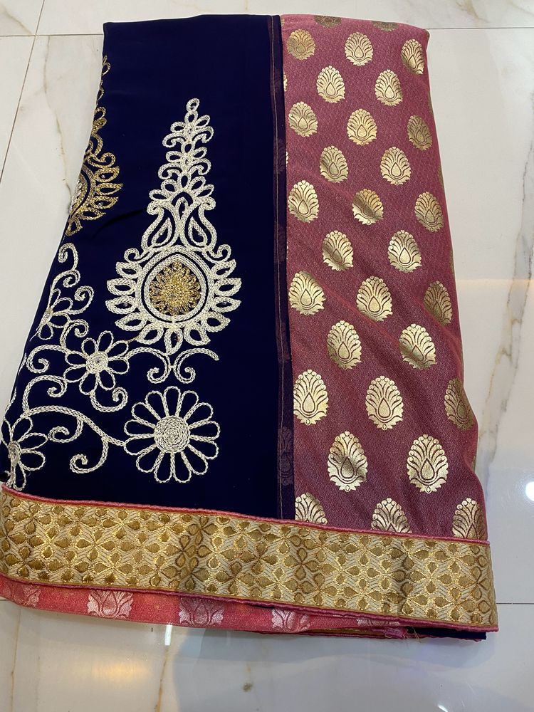 Beautiful Navy blue And Peach Pink Saree