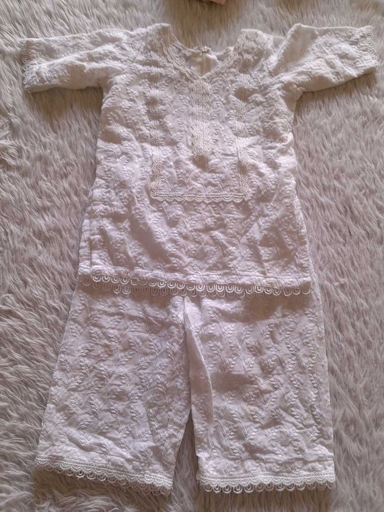 White Embroidered Kids Kurta Set For Girl's