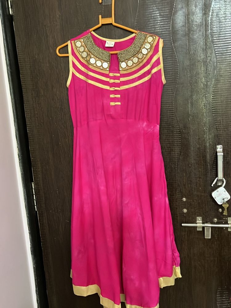 Pink Colour Anarkali With White Texture