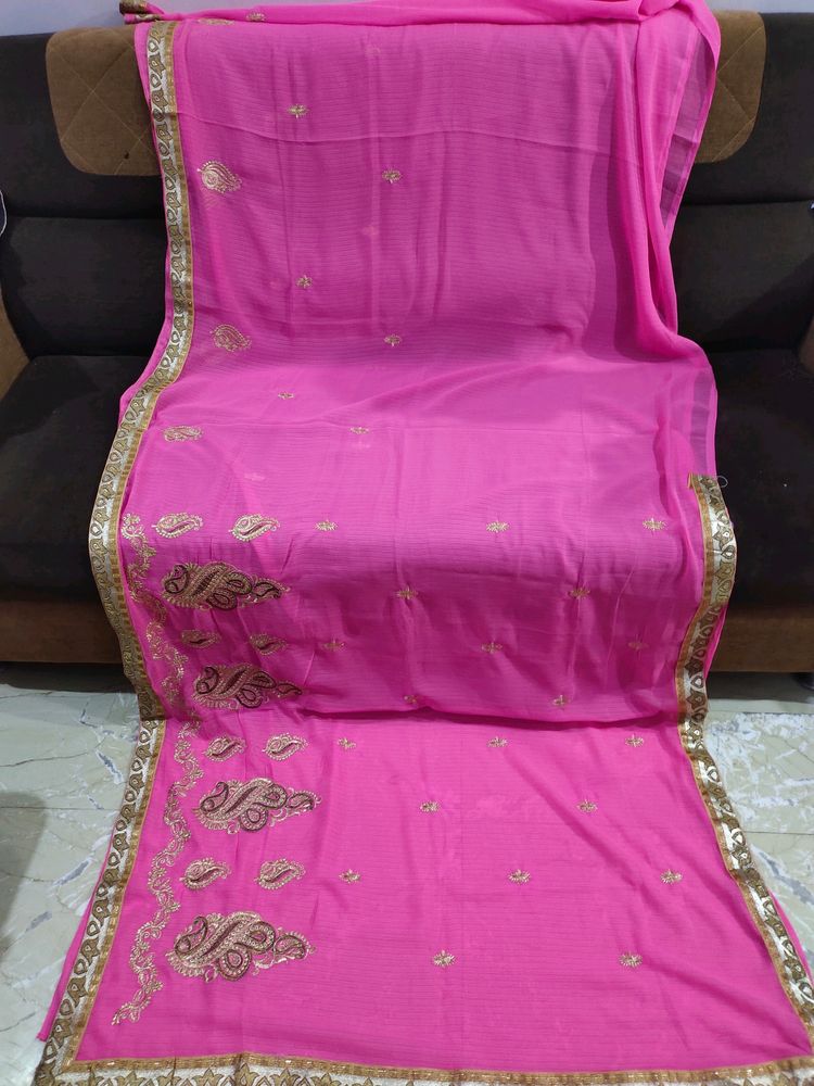 Pink Saree With Stitched Blouse & Free Peticoat