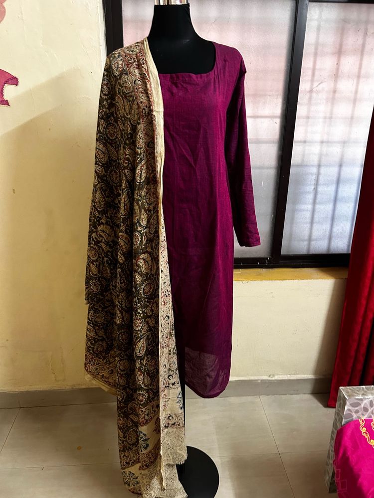 Handloom kurti set with kalamkari dupatta