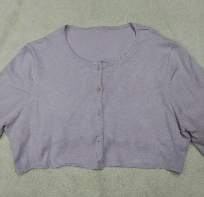 Oversized Light Purple Ribbed Cropped Button Up