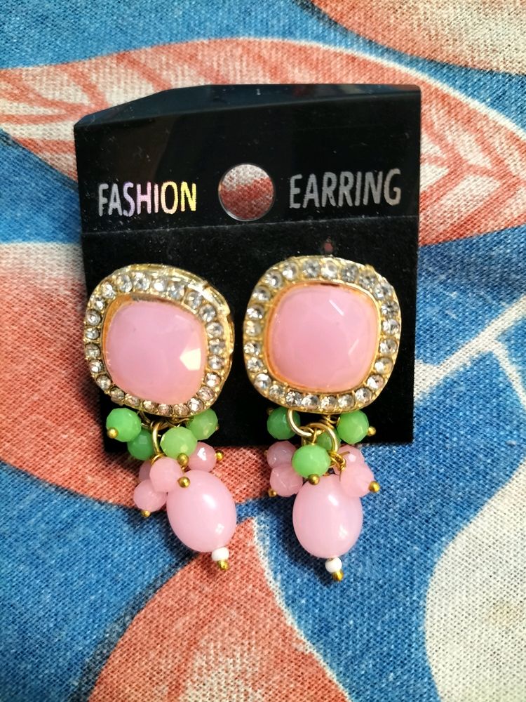 Stylish Earrings With Pink And Green Beads