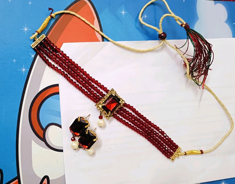 Neck Piece With Earring , Maroon And Golden Color