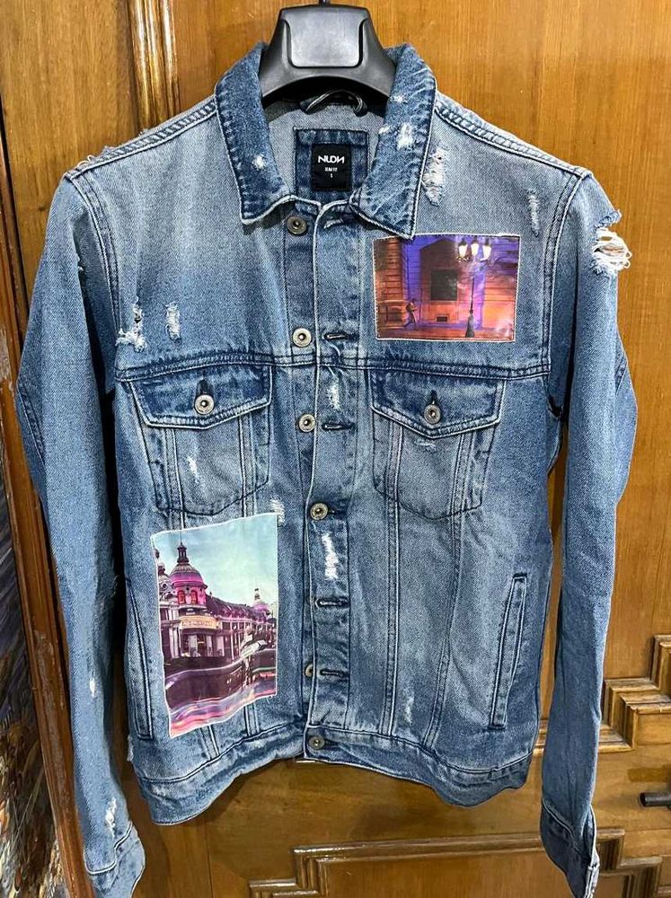 NUON PRINTED DISTRESSED BLUE  DENIM JACKET