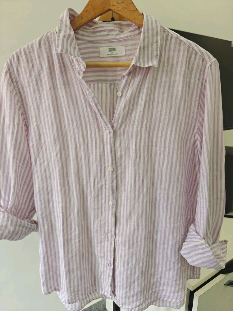 Uniqlo Linen White Lavender Striped Shirt