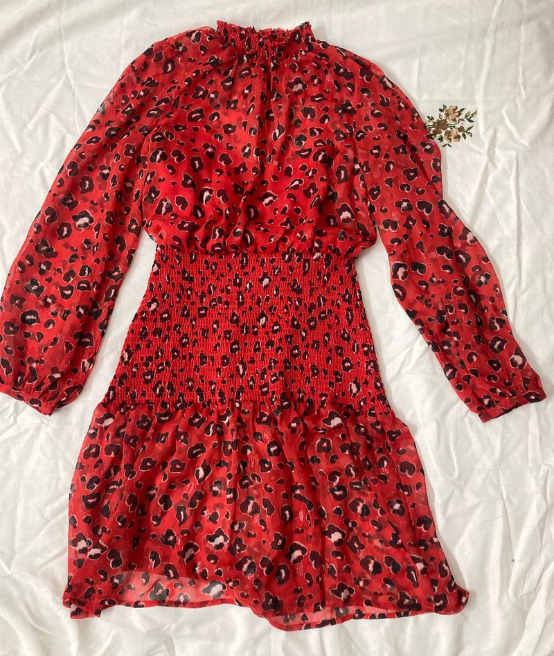 Ballon Style Ruffled Animal Print Red Dress !