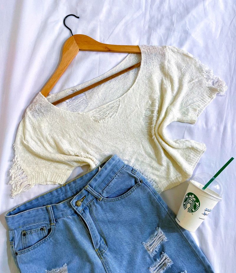 Pinterest Distressed Crop Knitted Oversized Top