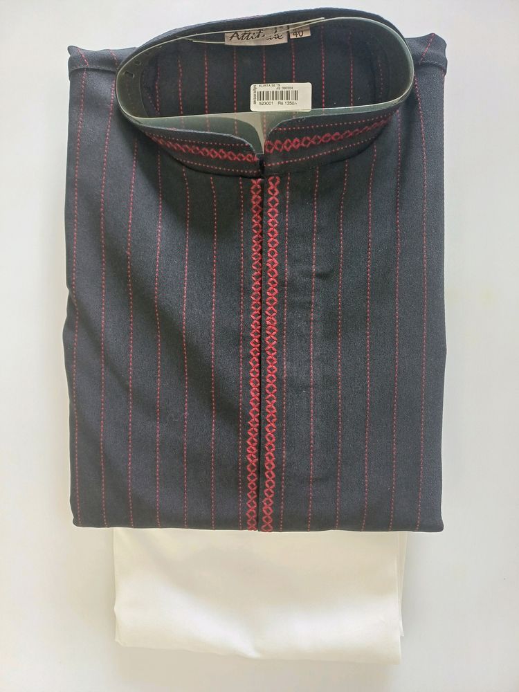 Kurta Chudidar Set (Black With Red Lines)