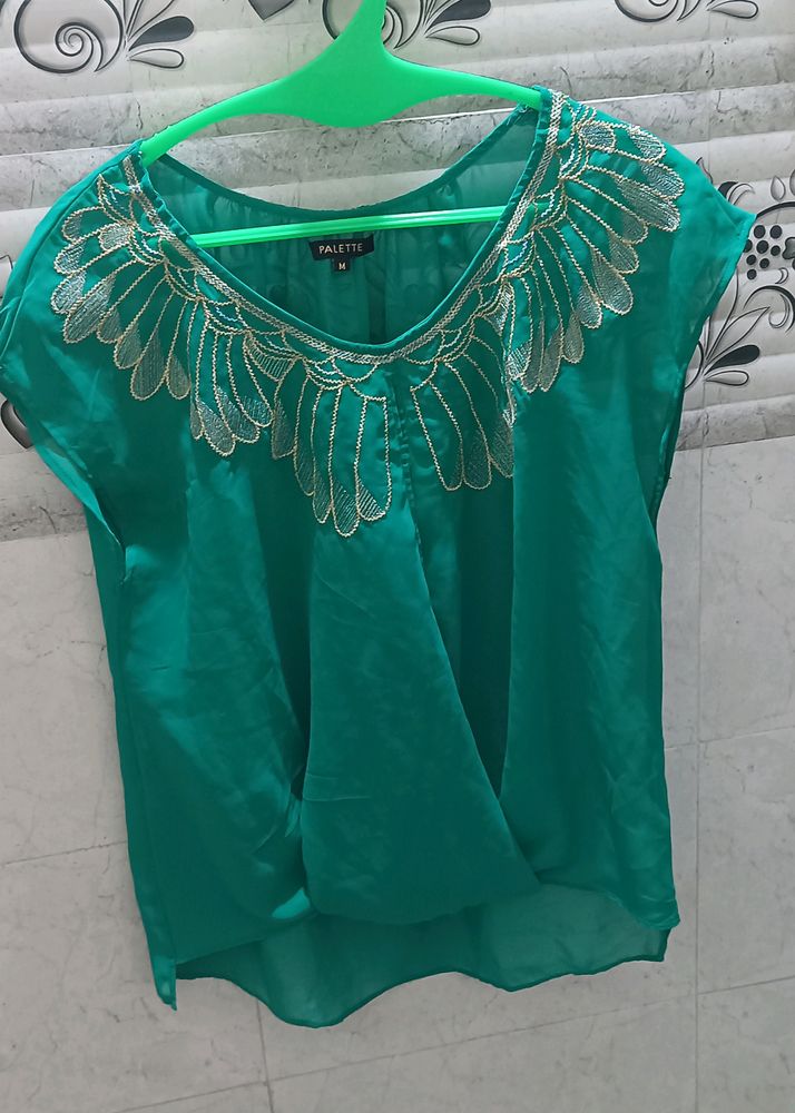 Green Embroidered Sheer Top