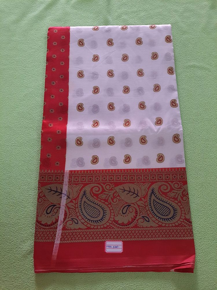 White Saree With Red Border